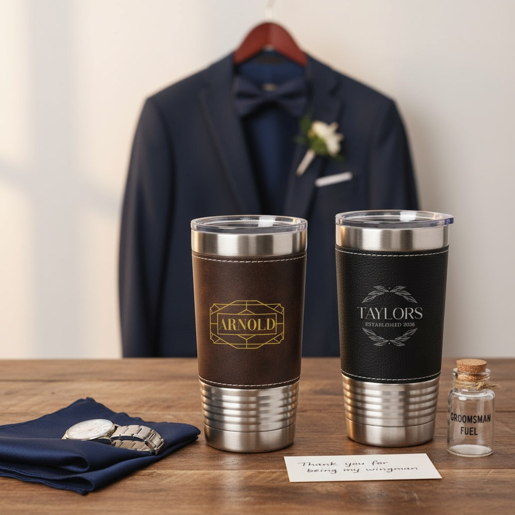 Personalized Black & Rustic Leather Wrapped Tumbler - Signature Designs