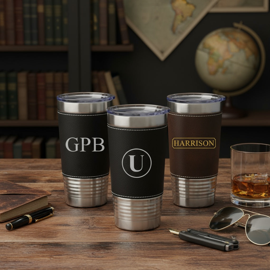 Personalized Black & Rustic Stainless Leather Wrapped Tumblers