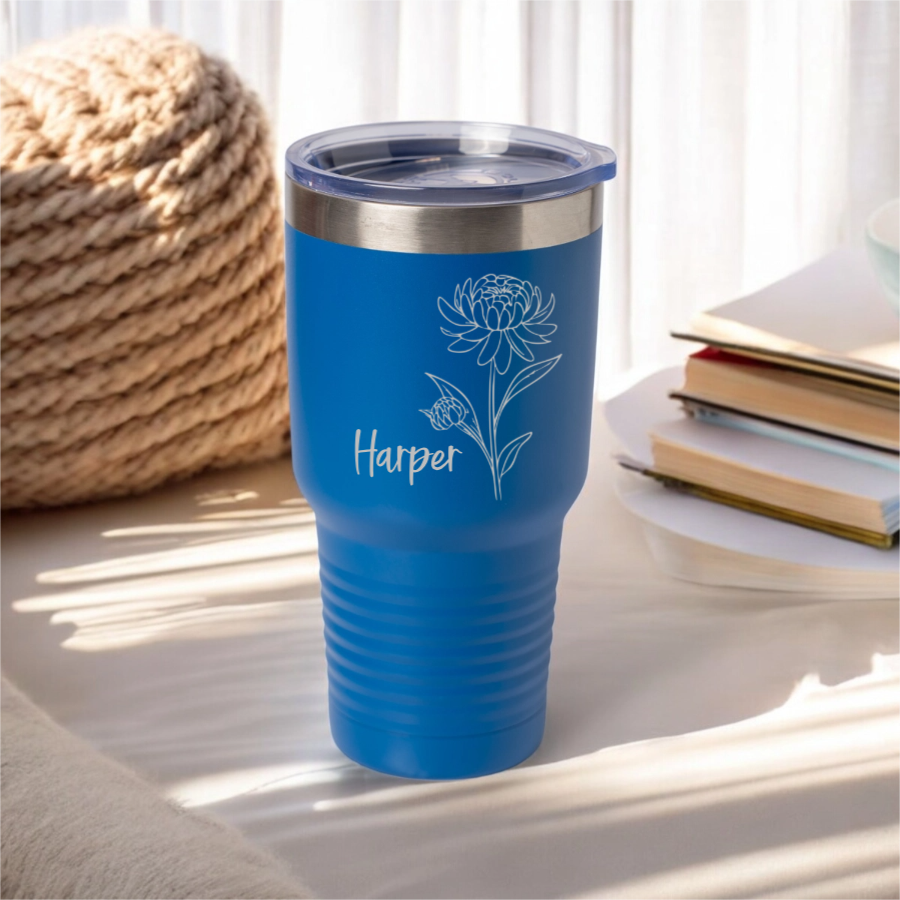 Personalized 30oz Tumbler with Silver Lip - Birth Flower Designs (Horizontal Name)