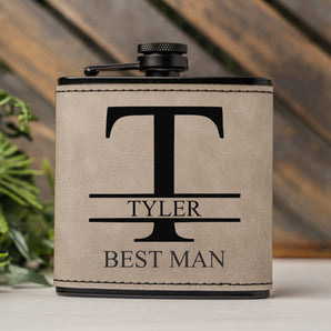 Personalized Leather Wrapped Black Flasks - Manly Script