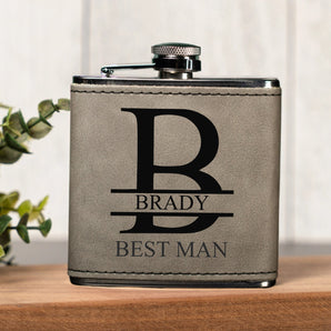 Personalized Leather Wrapped Stainless Steel Flasks - Manly Script