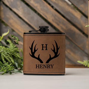 Personalized Leather Wrapped Black Flasks