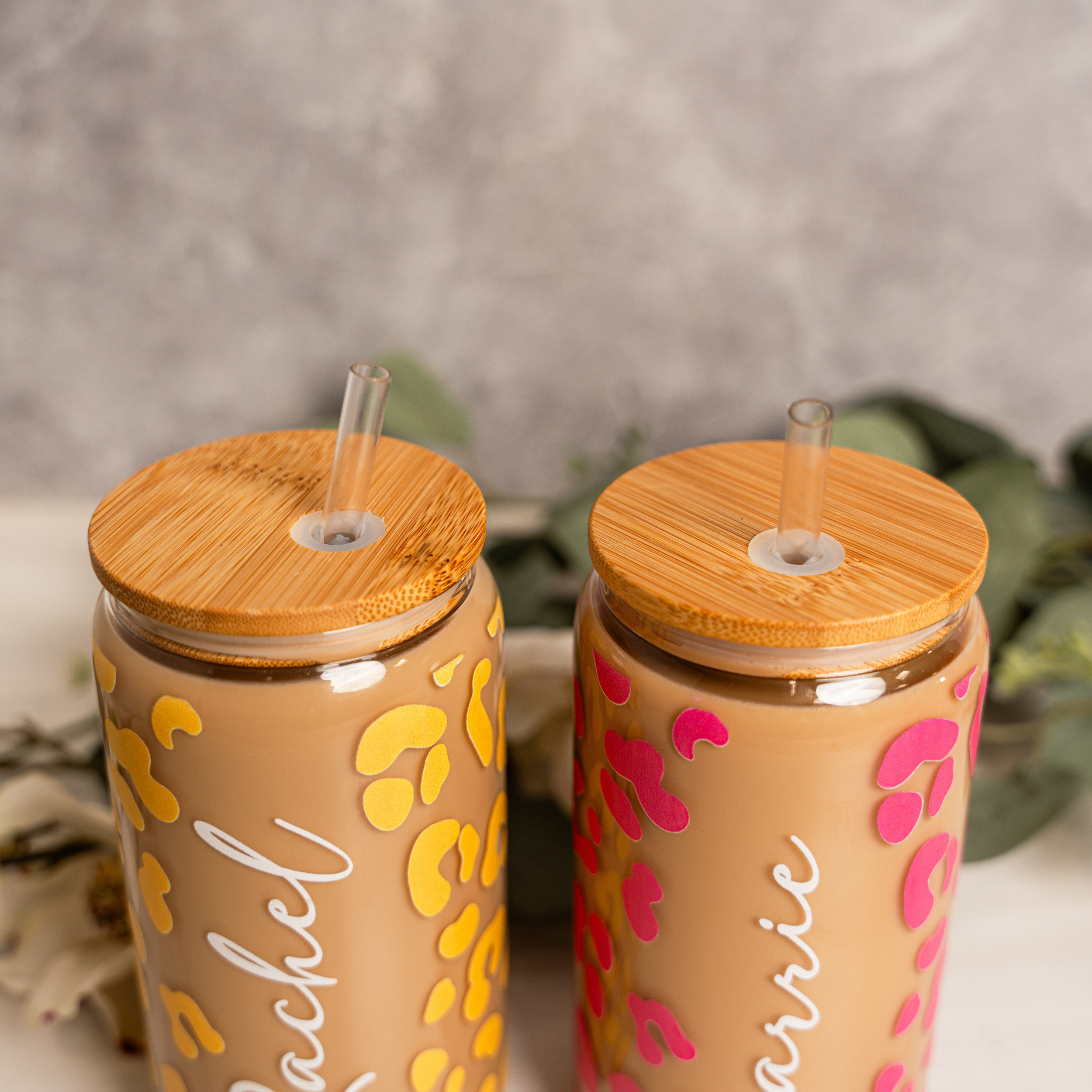 Personalized Leopard Print Glass Can Cup with Bamboo Lid