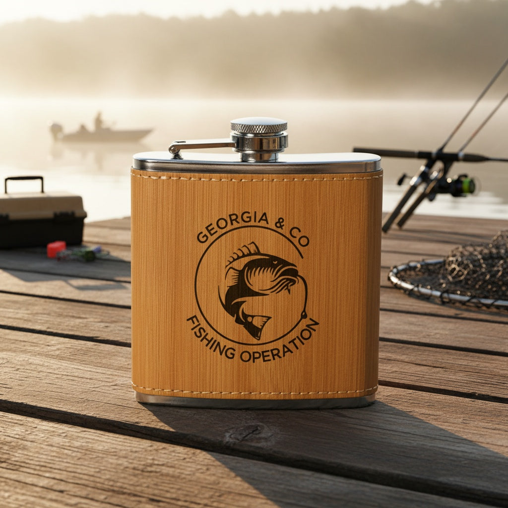 Personalized Leather Wrapped Flasks With Fishing Designs