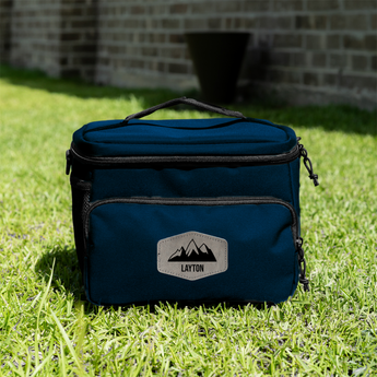 Blue cooler bag with Custom text on grass