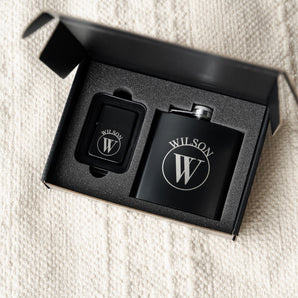 Groomsmen Gift Set of 5 Personalized Black Flask and Lighter Sets