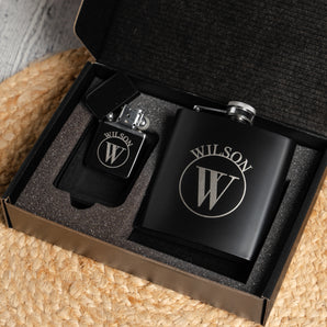 Personalized Black Flask & Lighter Gift Set