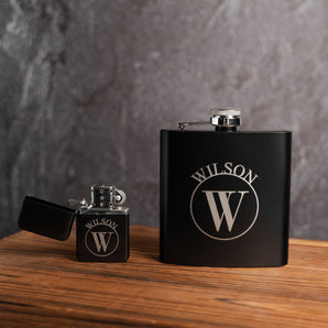 Personalized Black Flask & Lighter Gift Set