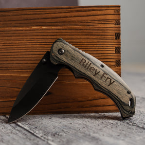 Personalized Grey Wood Hunting Knife - Black Blade