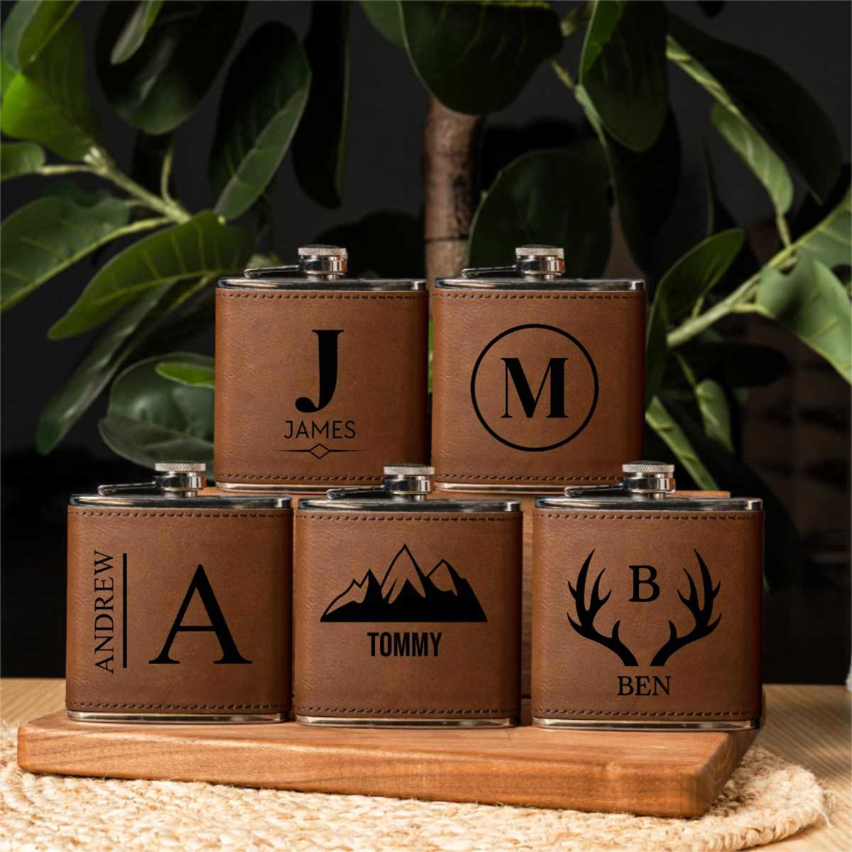Groomsmen Gift Set of 5 Leather Wrapped Stainless Flasks