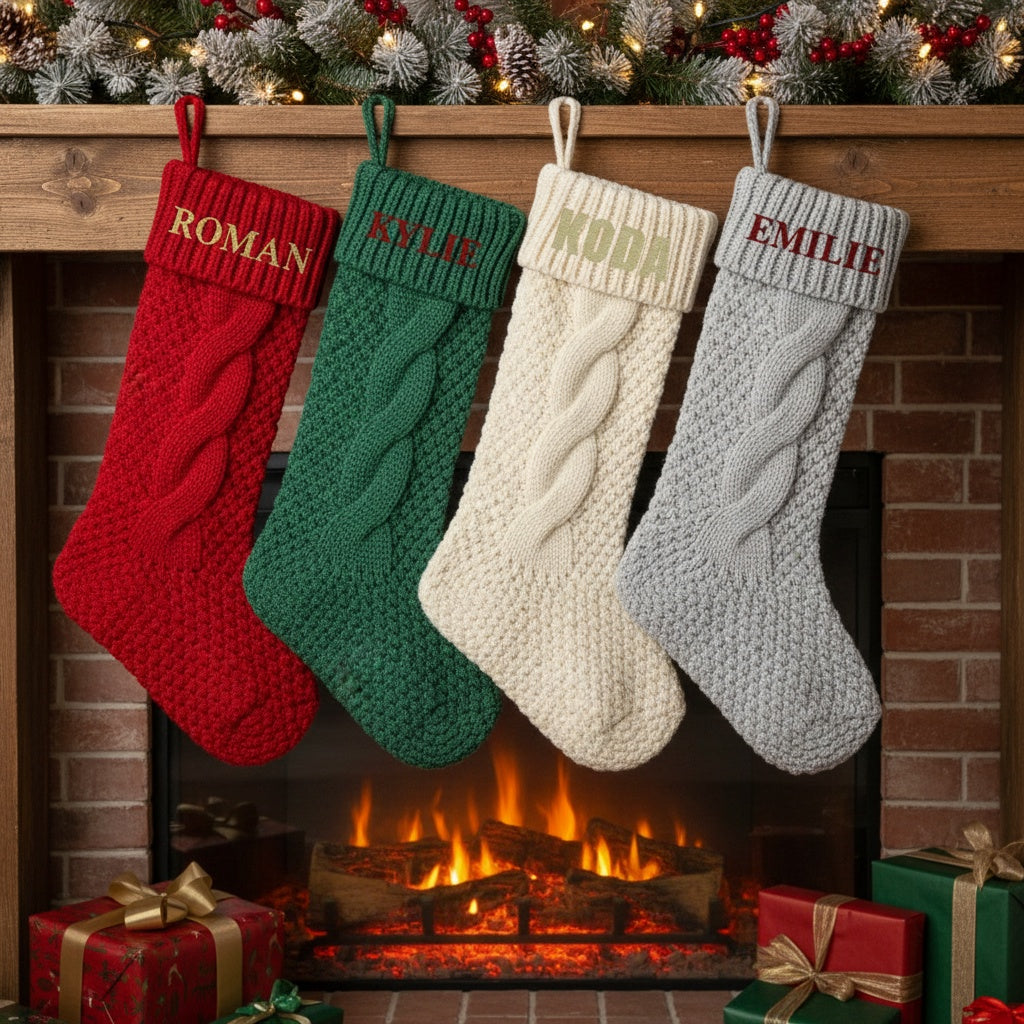 Embroidered Cable Knit Christmas Stockings