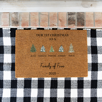 Personalized Christmas doormat with family names and year on a checkered rug.