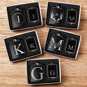 Groomsmen Gift Set of 5 Personalized Black Flask and Lighter Sets