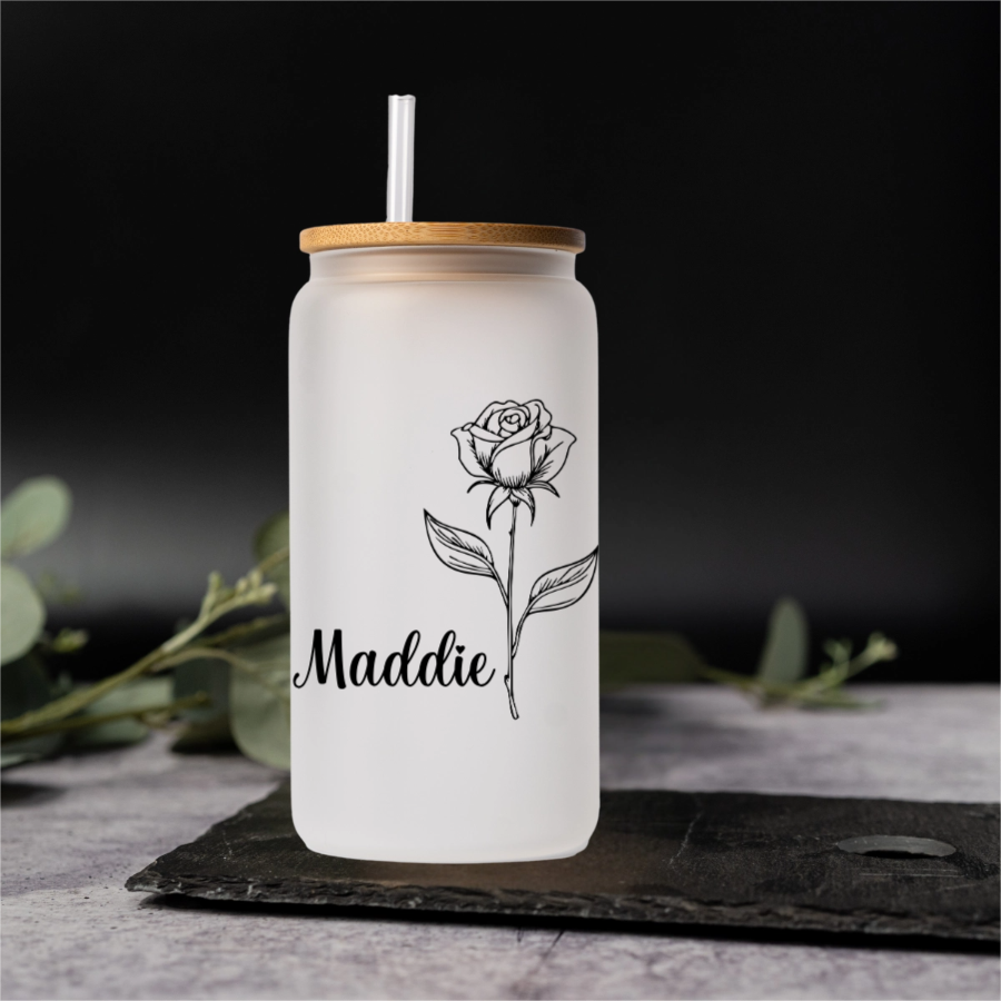 Personalized Glass Cans - Birth Flower Designs (Horizontal Name)
