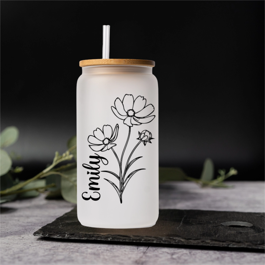 Personalized Glass Cans - Birth Flower Designs (Vertical Name)