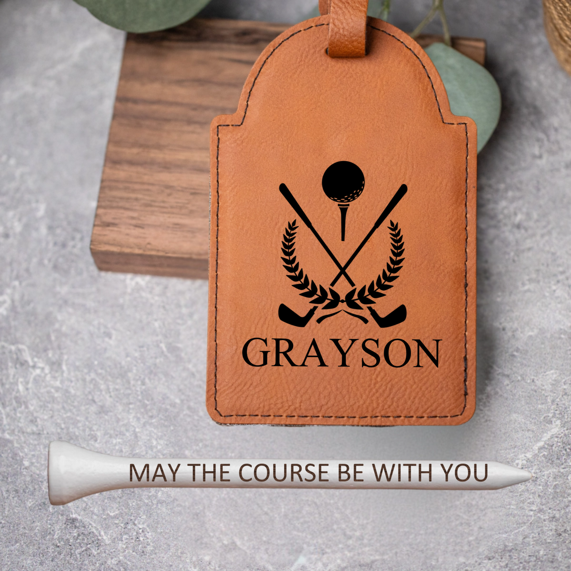 Personalized Vegan Leather Bag Tag & Custom Engraved Tees