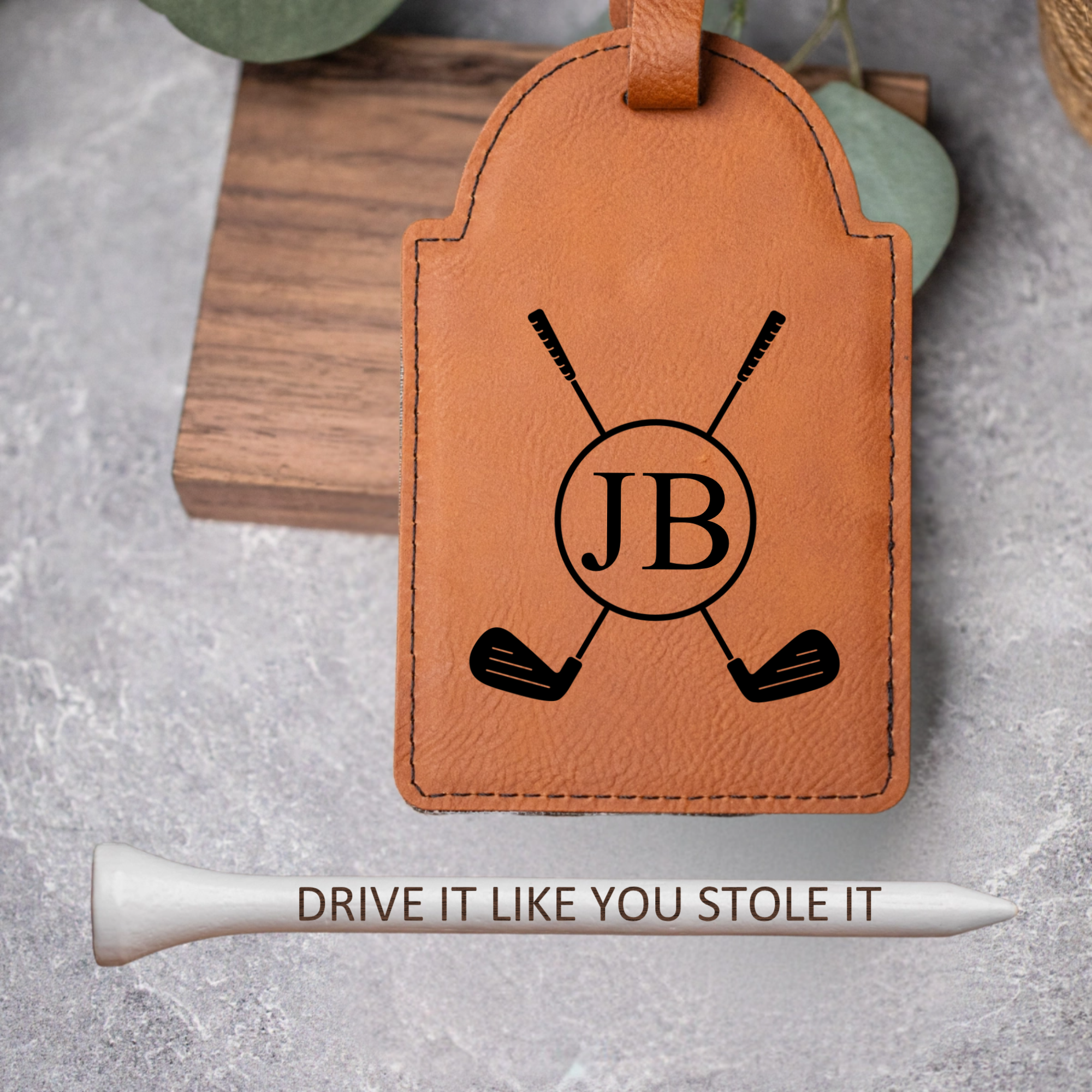 Personalized Vegan Leather Bag Tag & Custom Engraved Tees