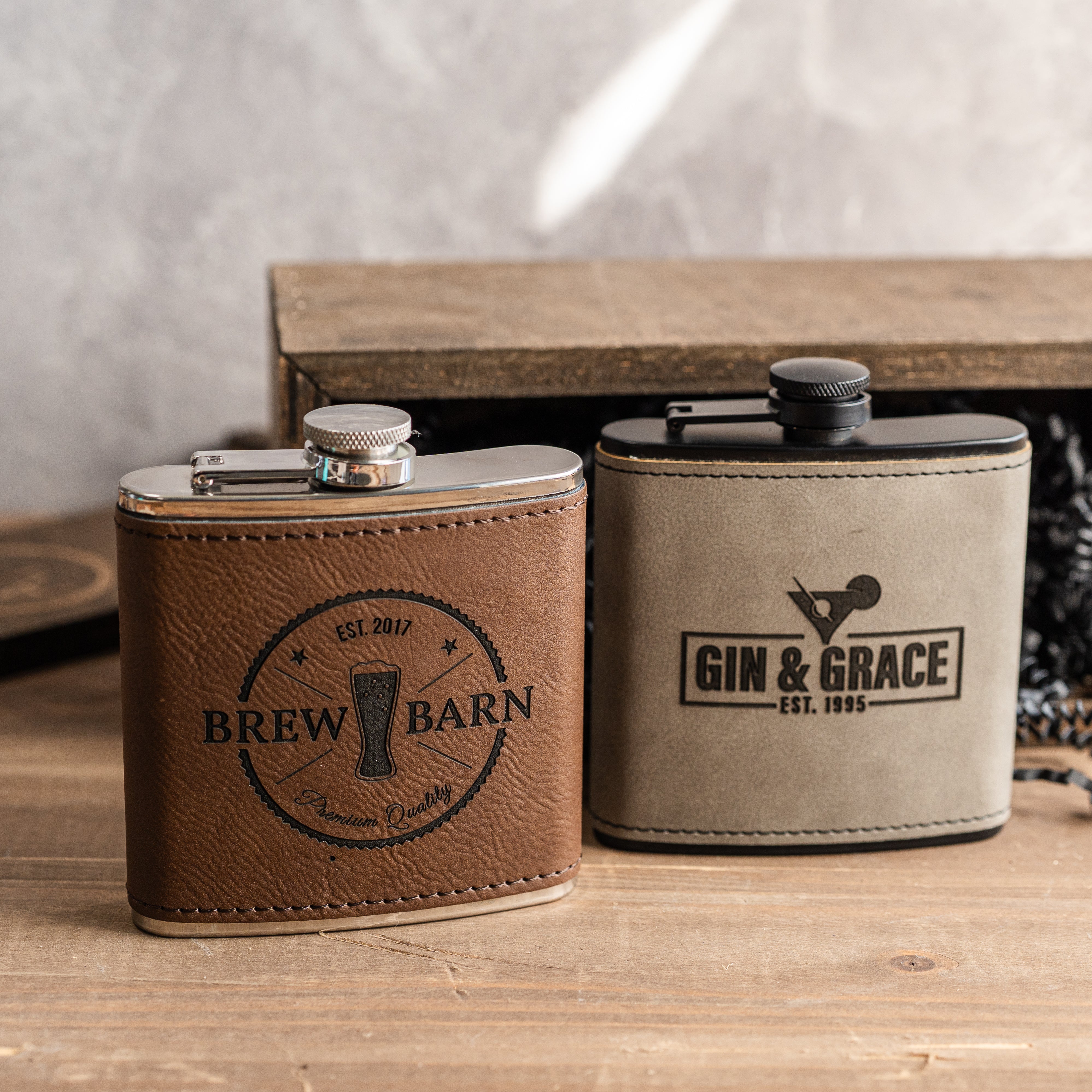 Custom Logo Leather Wrapped Stainless Flasks