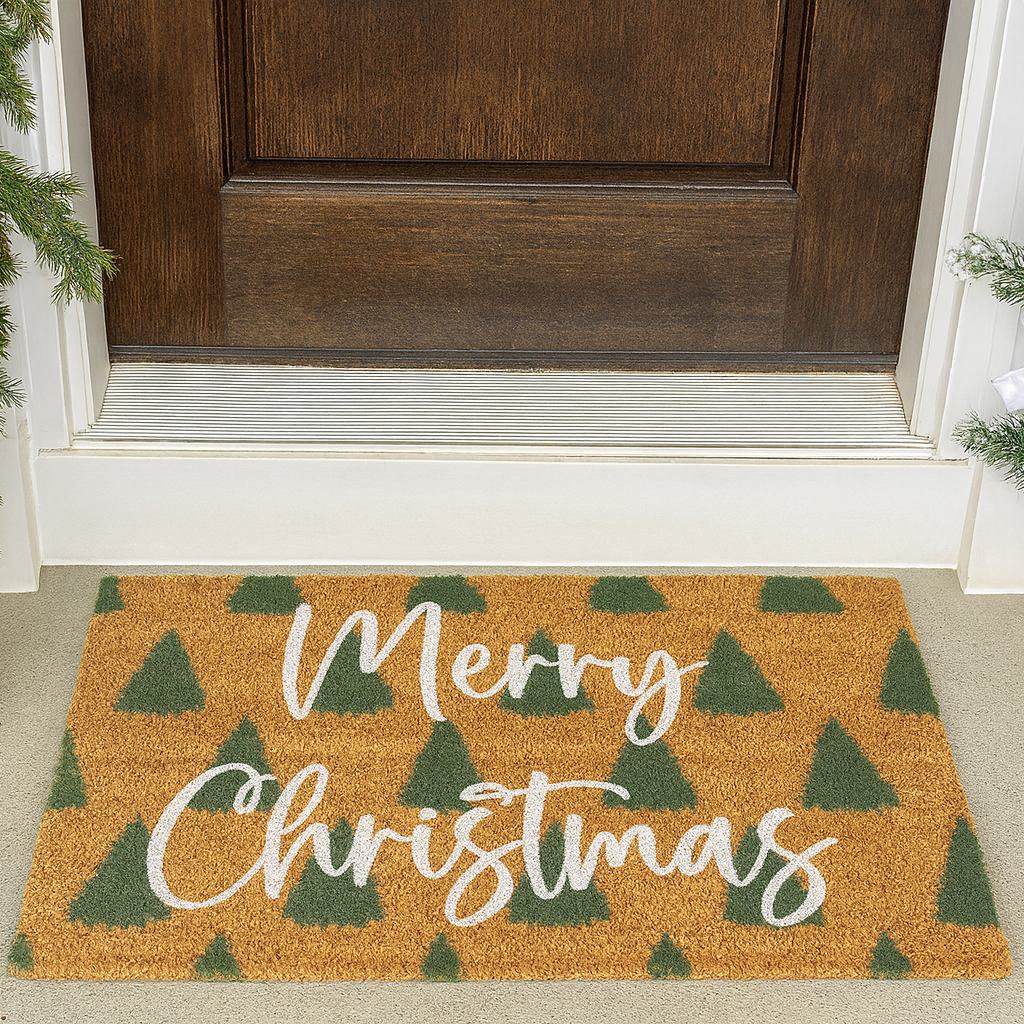 Merry Christmas Doormat with Green Trees