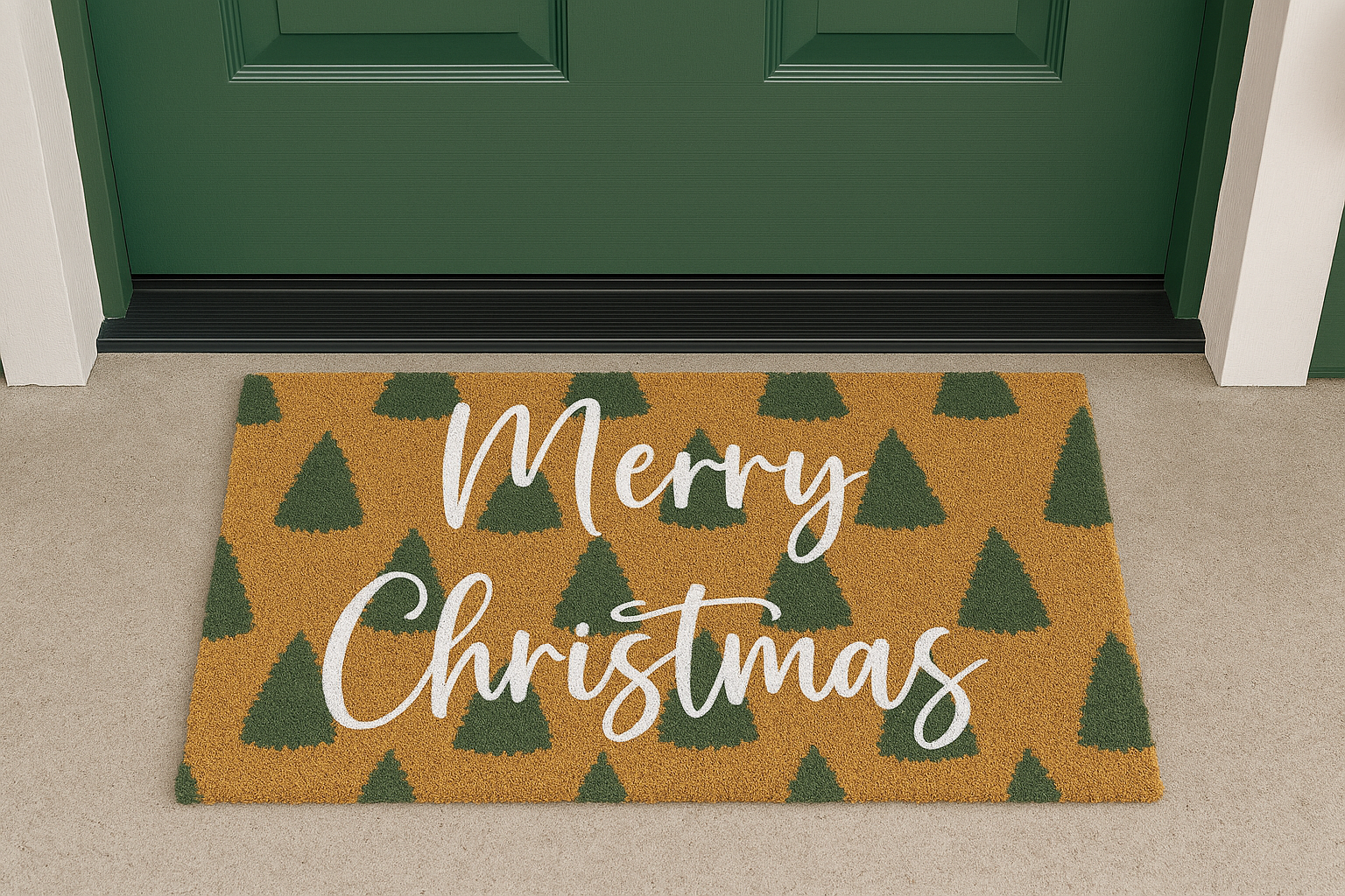 Merry Christmas Doormat with Green Trees