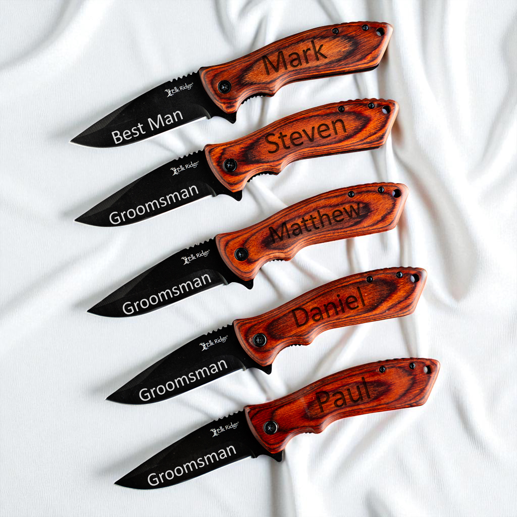 Groomsmen Gift Set of 5  Red Wood Handle Black blade Knives