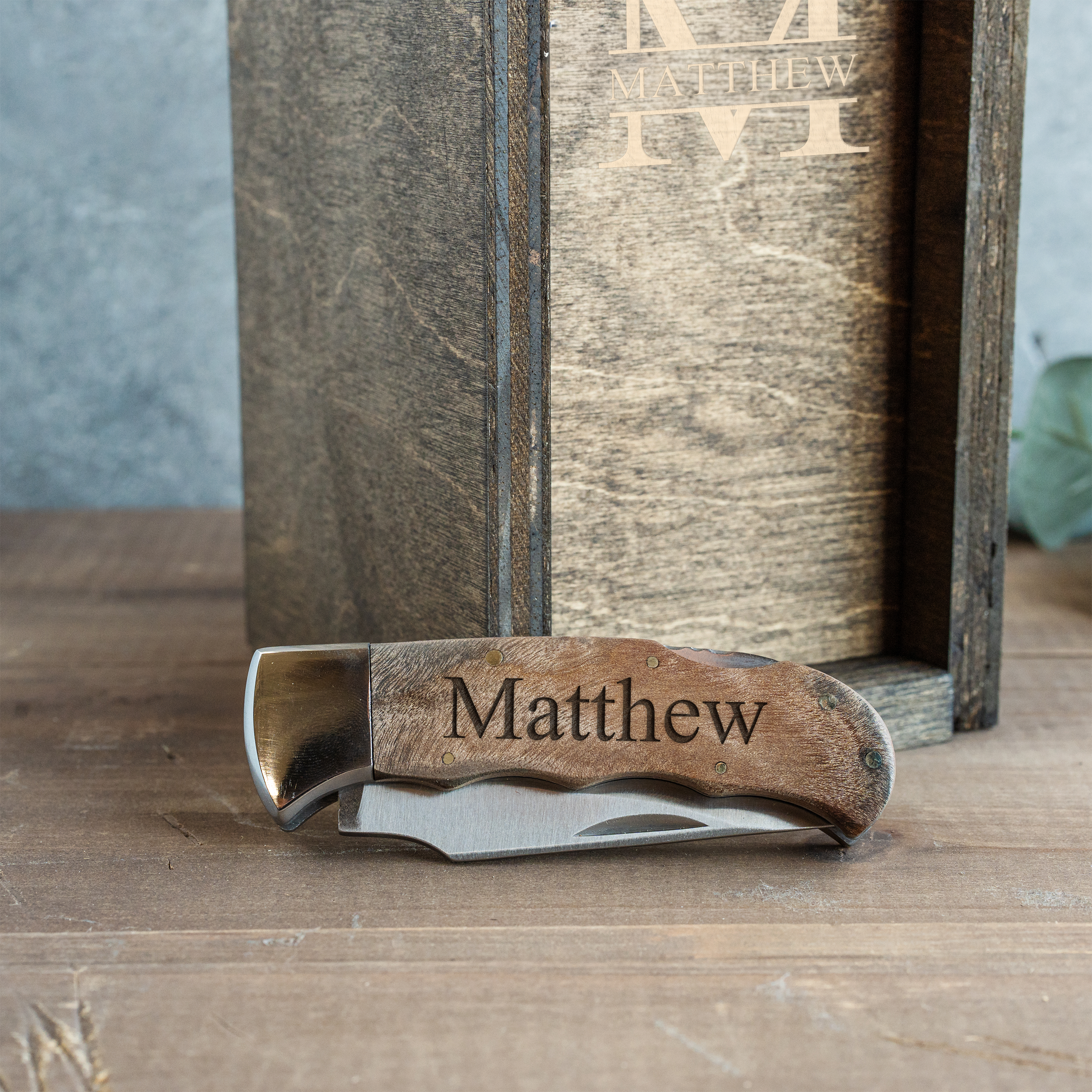 Personalized Burl Wood Handle Knife with Gift Box
