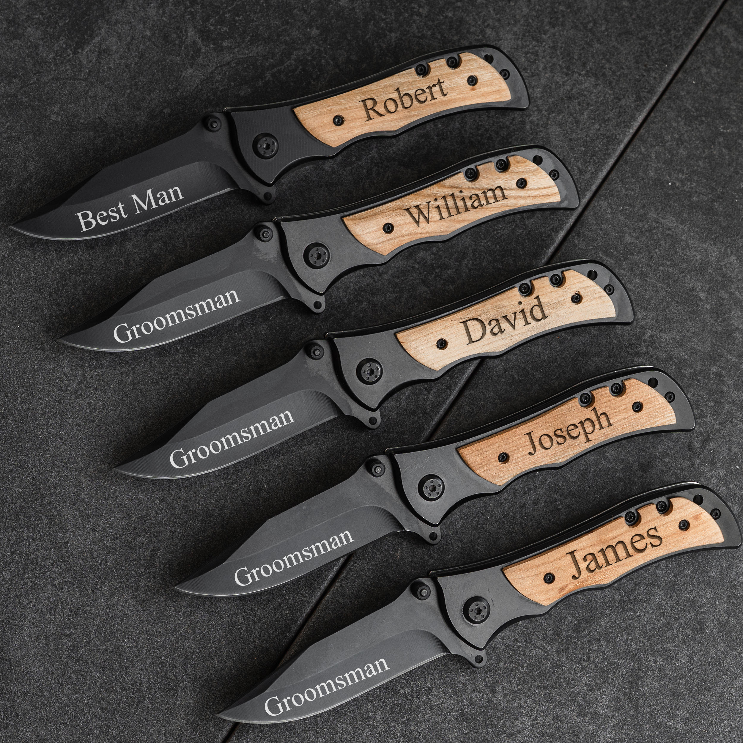 Personalized Groomsmen Set of 5 Black Metal Knives