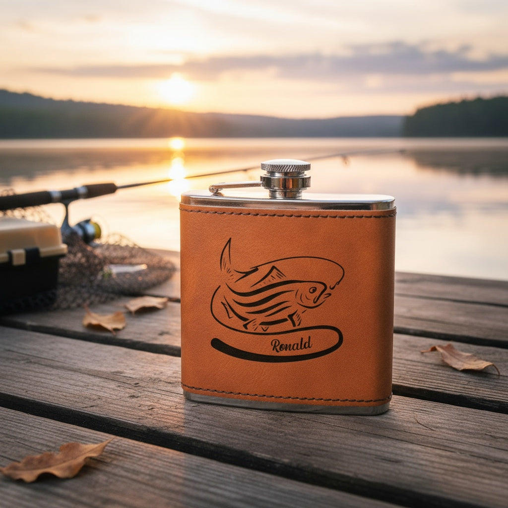 Personalized Leather Wrapped Flasks With Fishing Designs