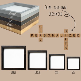 A product display showing color and size options for custom crossword wall art. The top left shows stacked frames labeled light grey, grey, black, walnut, and natural. Below, four empty frame sizes (12x12, 10x10, 8x8, and 6x6) are shown. A sample crossword made of wooden scrabble tiles spells “PERSONALIZED GIFTS GURU.” Text reads “Create your own Crossword,” inviting shoppers to design their own personalized gift.