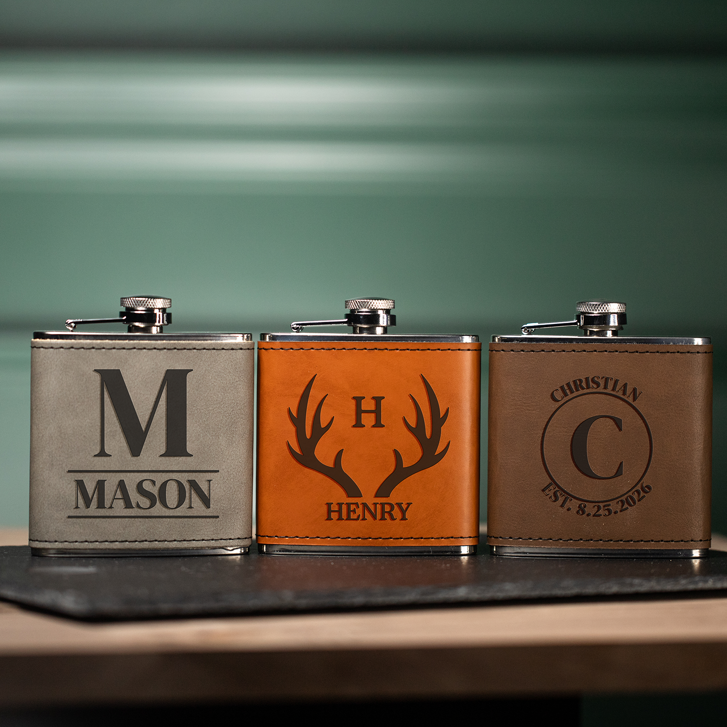 Groomsmen Gift Set of 5 Leather Wrapped Stainless Flasks