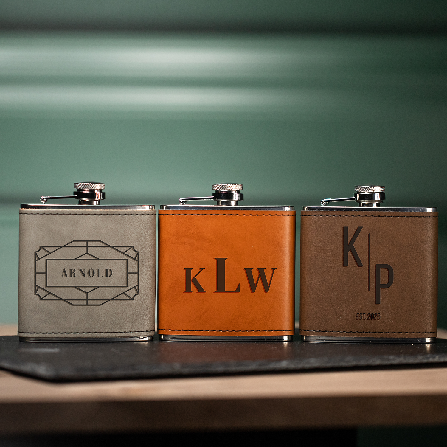 Groomsmen Gift Set of 5 Leather Wrapped Stainless Flasks - Signature Designs