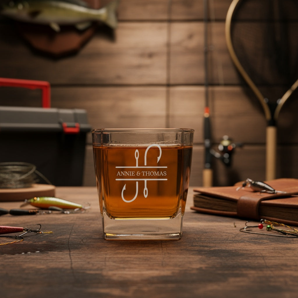 Fishing Design Square Lowball Whiskey Glasses