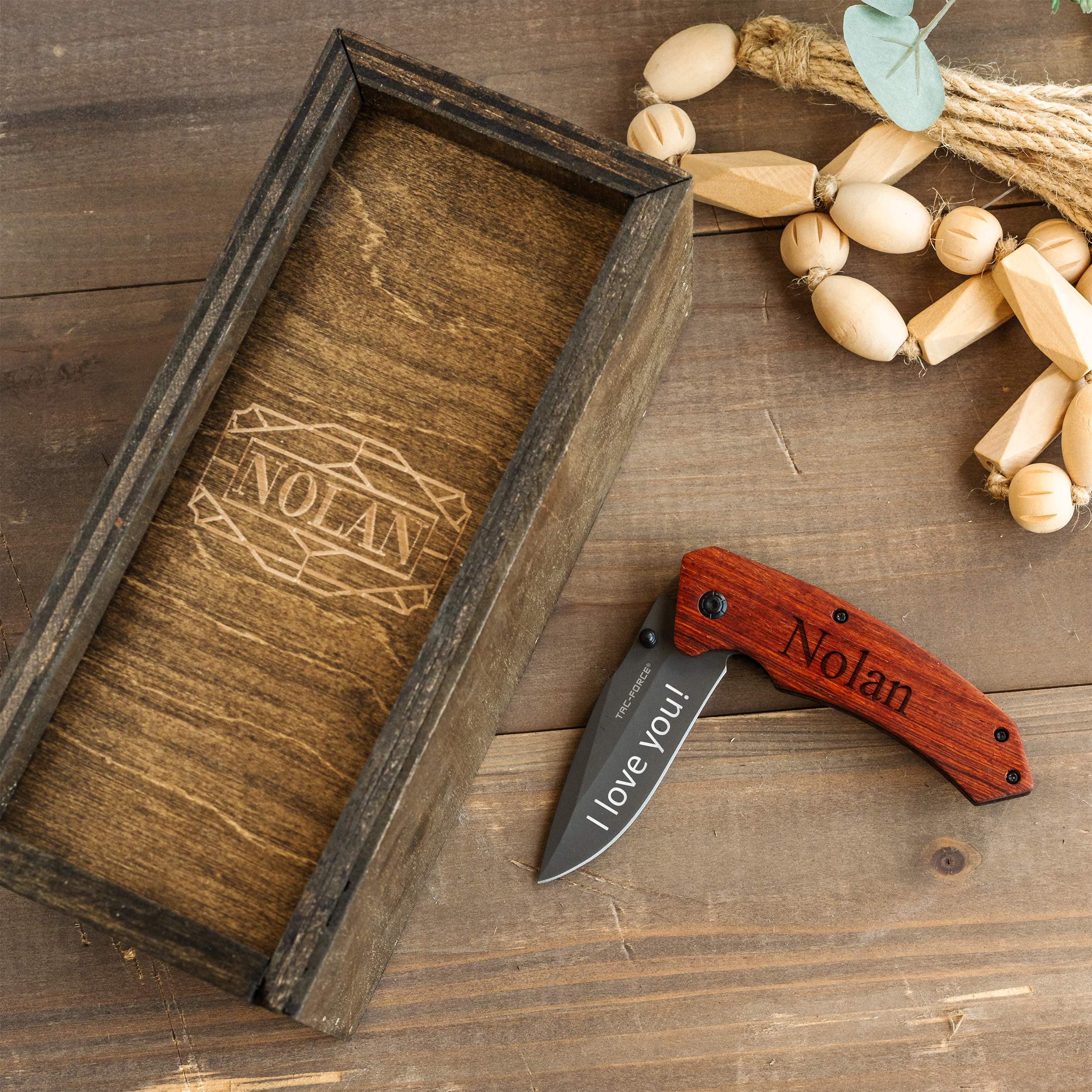Personalized Brown Wood Pocket Knife with Gift Box