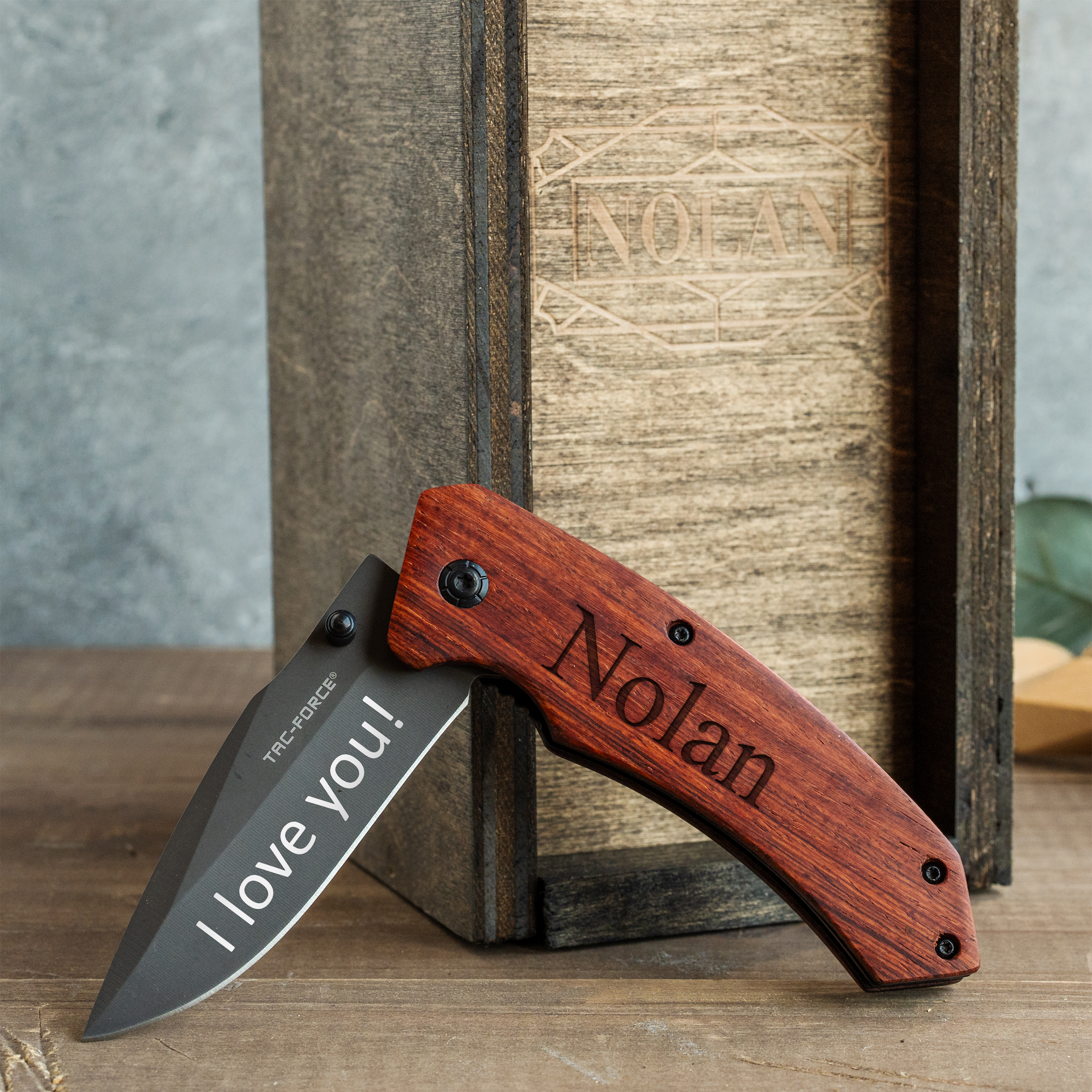 Personalized Brown Wood Pocket Knife with Gift Box