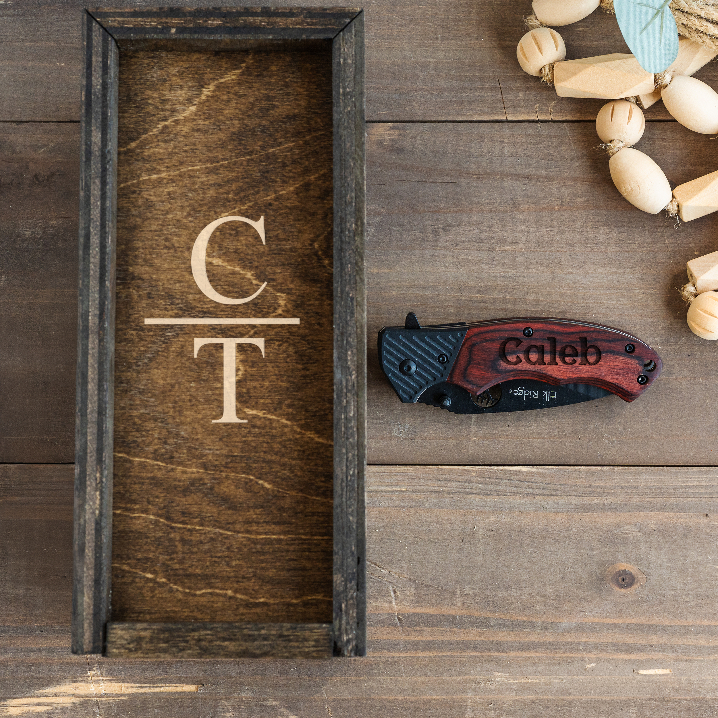 Personalized Red/Brown Wood Handle Hunting Knife with Gift Box