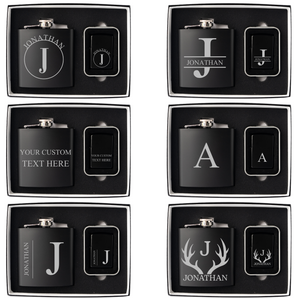 Groomsmen Gift Set of 5 Personalized Black Flask and Lighter Sets