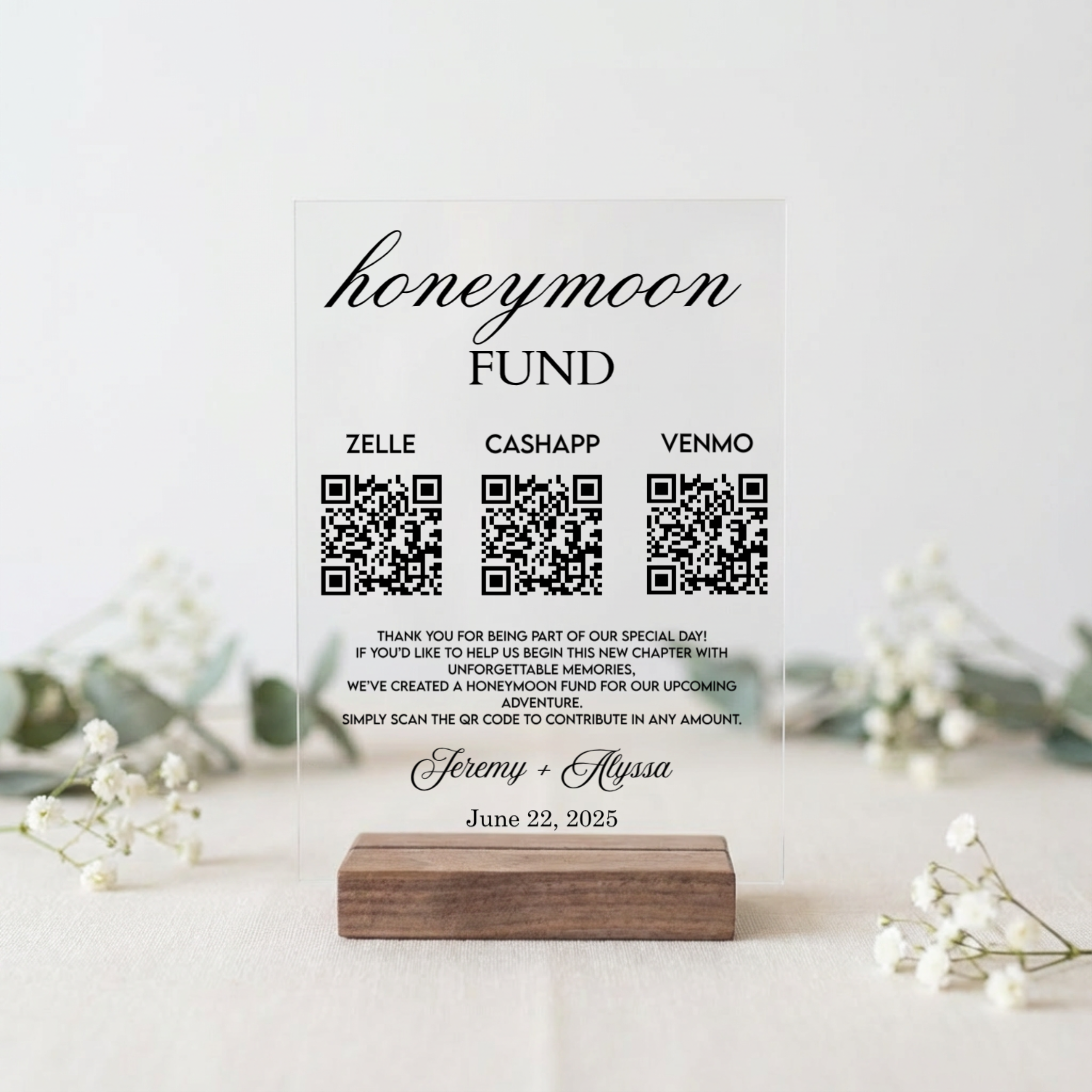 Funds Custom Custom Honeymoon Fund QR Code Acrylic Sign – Personalized Guru