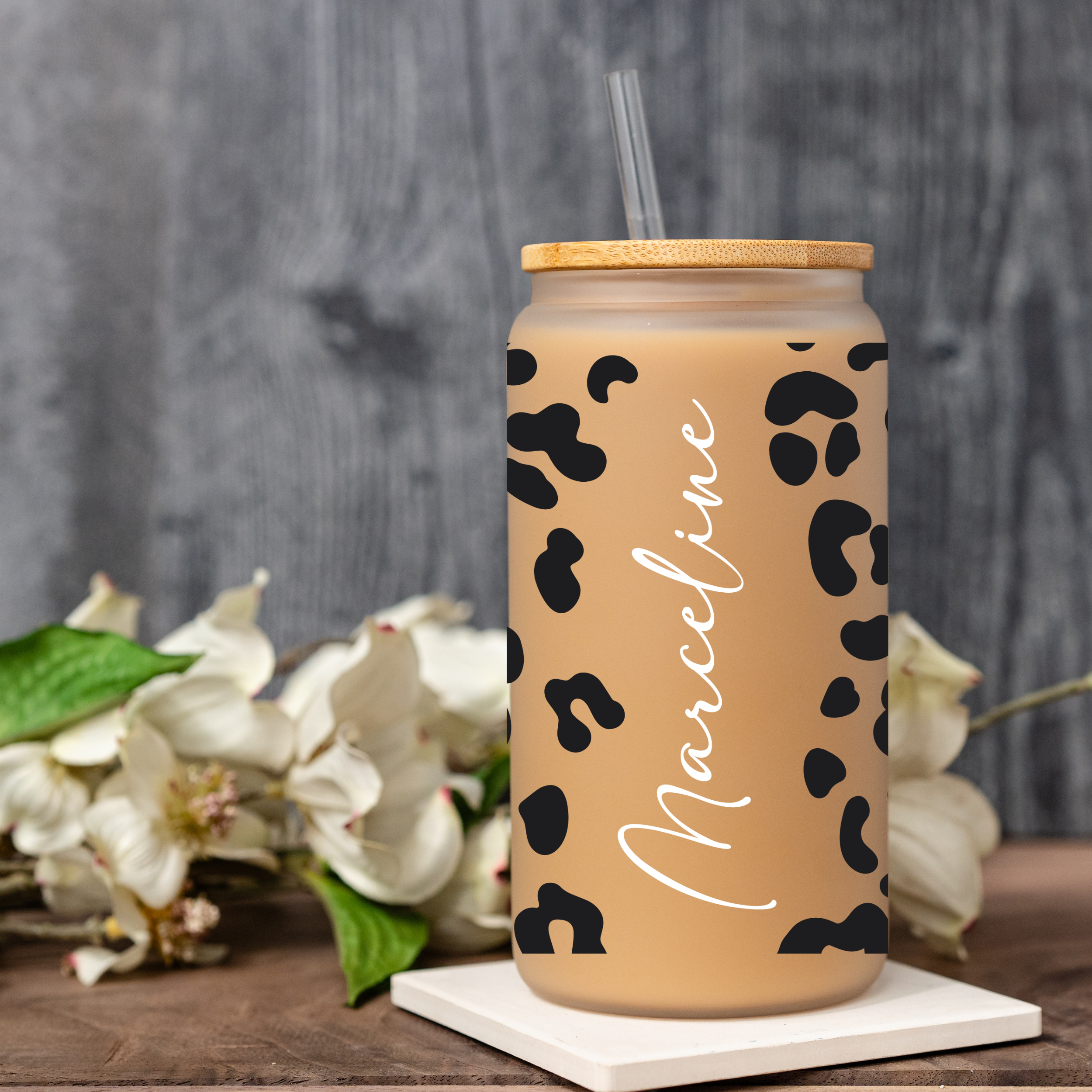 Personalized Leopard Print Glass Can Cup with Bamboo Lid