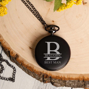 Personalized Black Pocket Watch - Manly Script