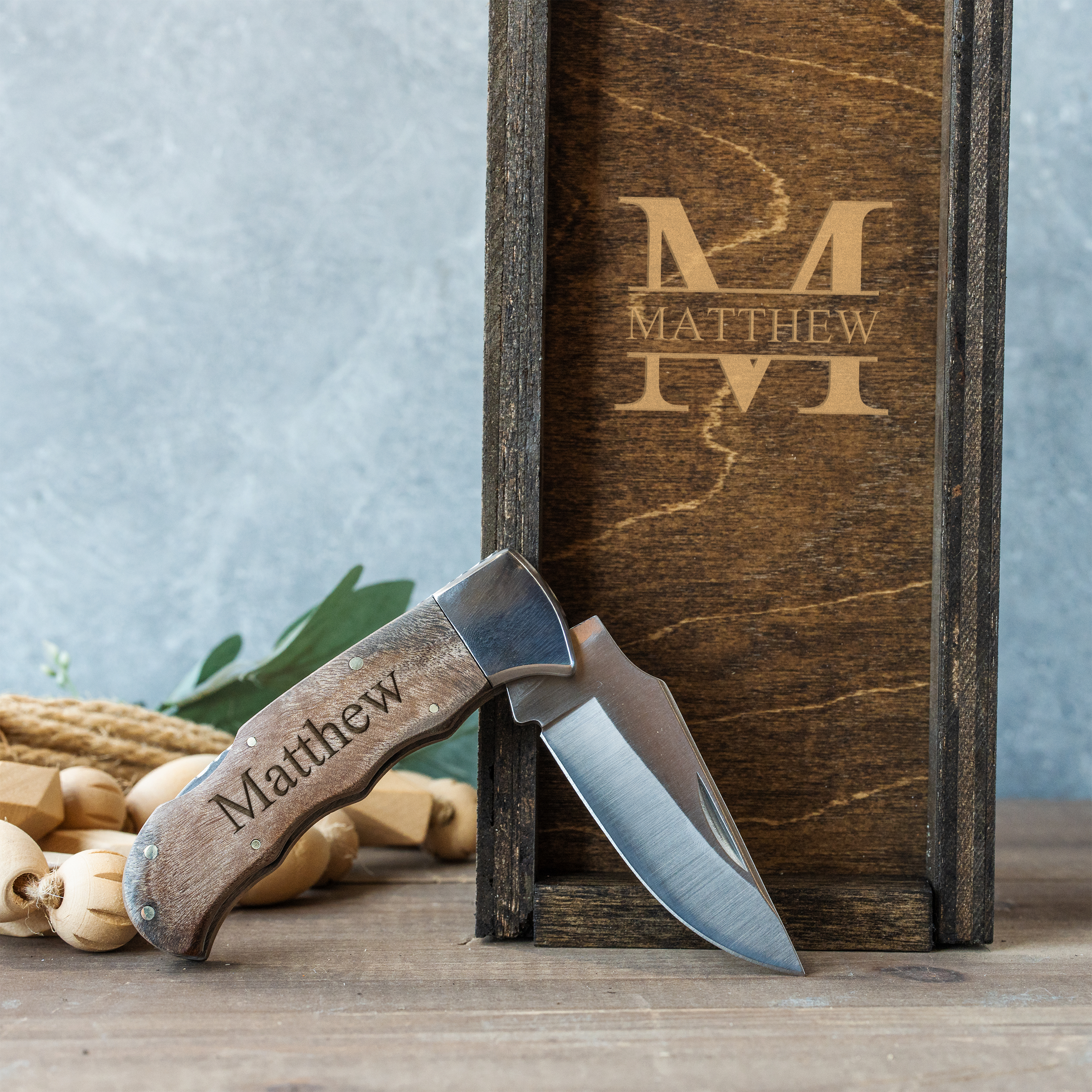 Personalized Burl Wood Handle Knife with Gift Box