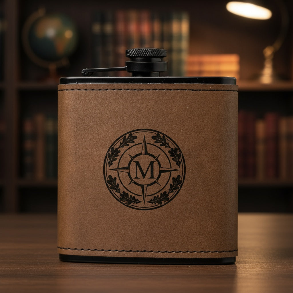 Leather Wrapped Black Flasks with Custom Logo