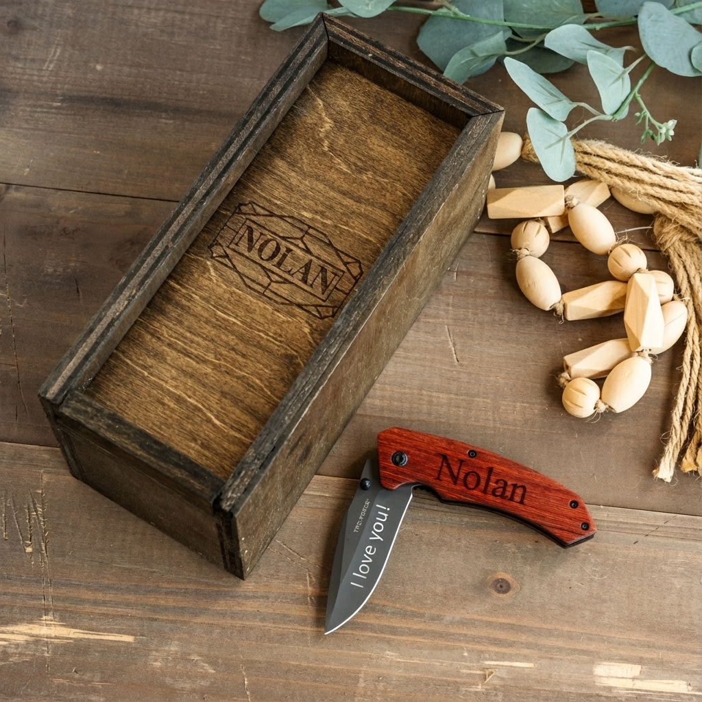 Personalized Brown Wood Pocket Knife with Gift Box