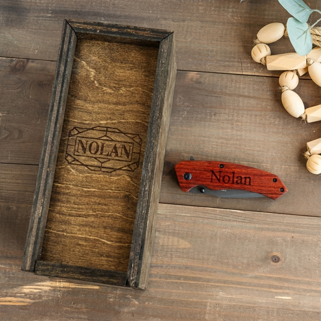 Personalized Brown Wood Pocket Knife with Gift Box