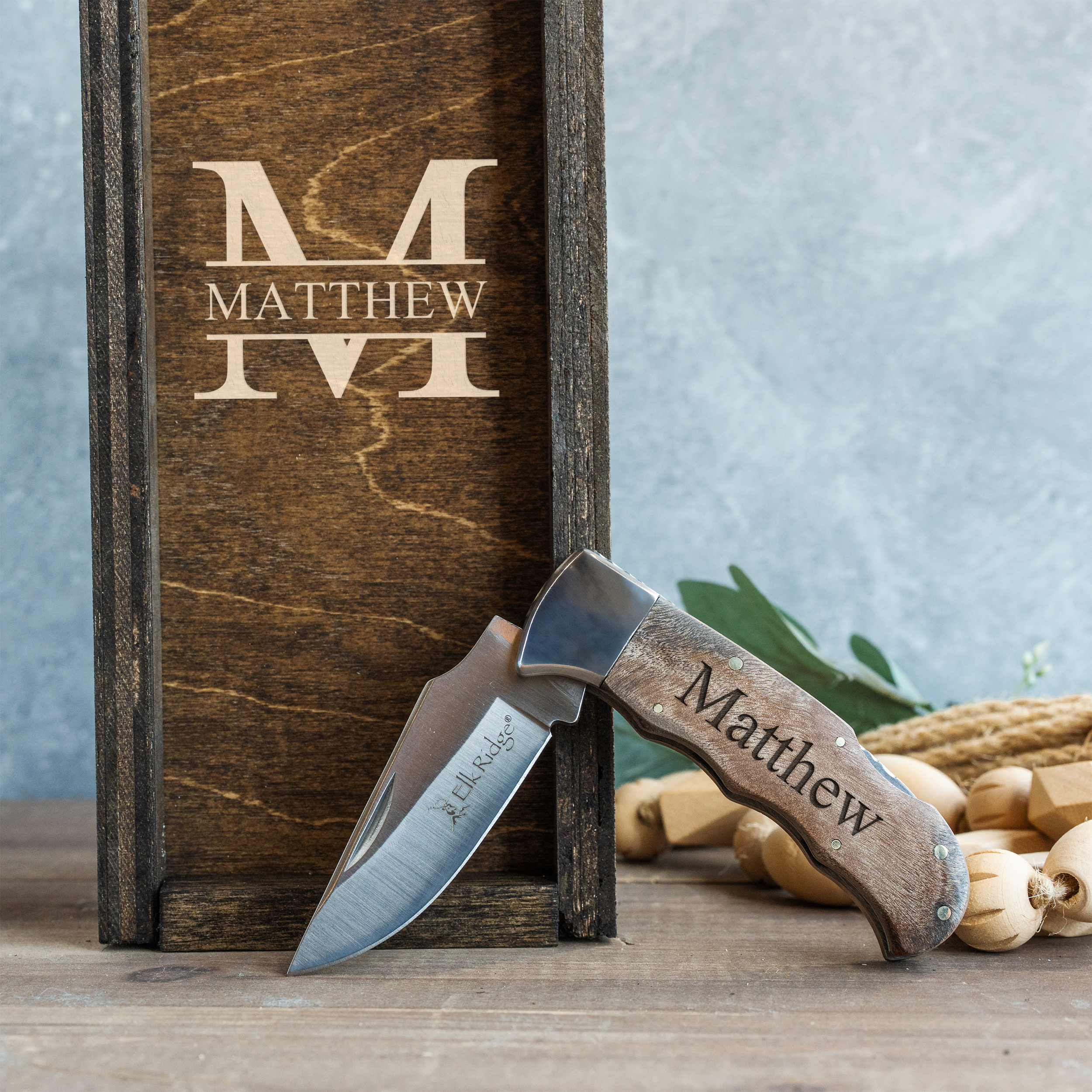 Personalized Burl Wood Handle Knife with Gift Box