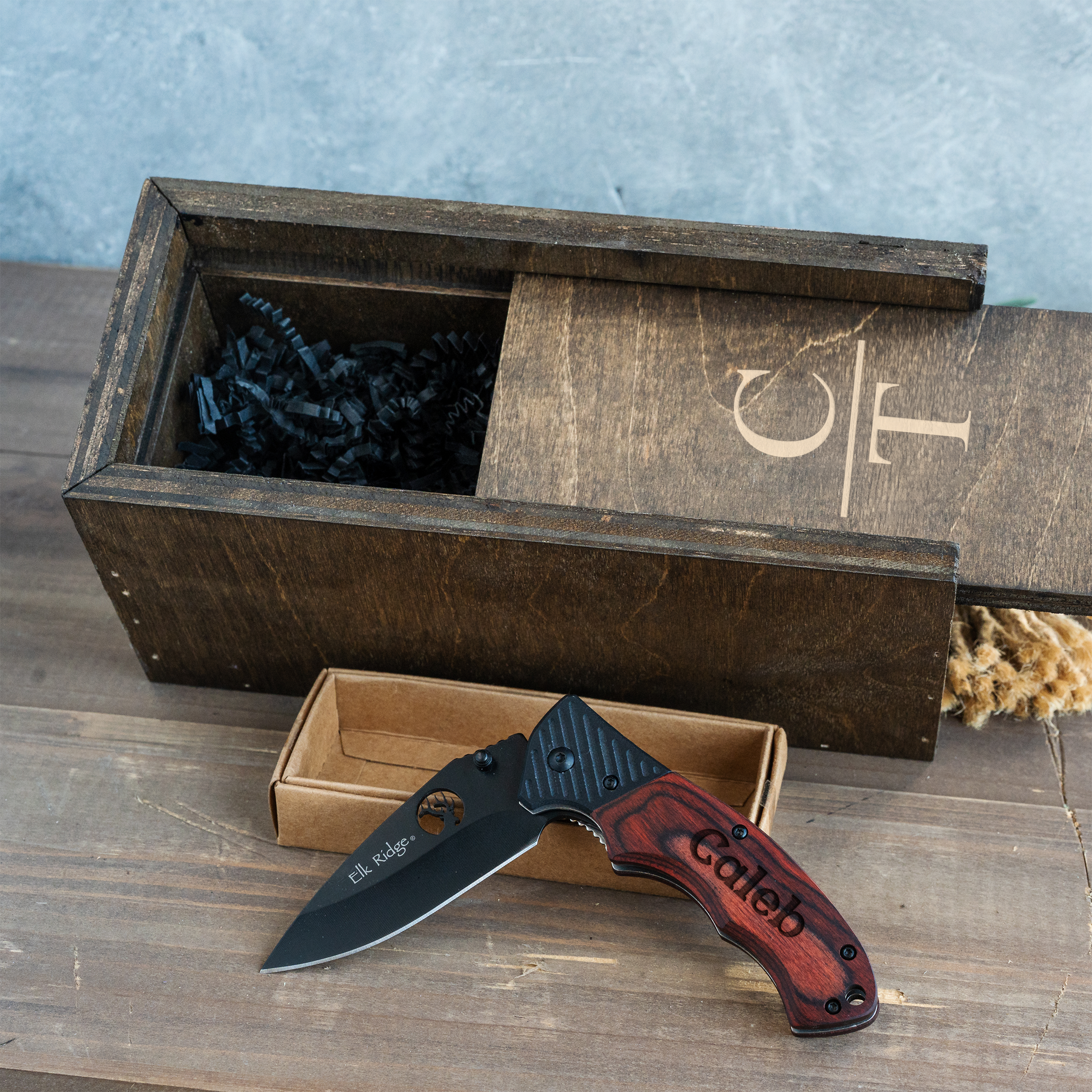Personalized Red/Brown Wood Handle Hunting Knife with Gift Box