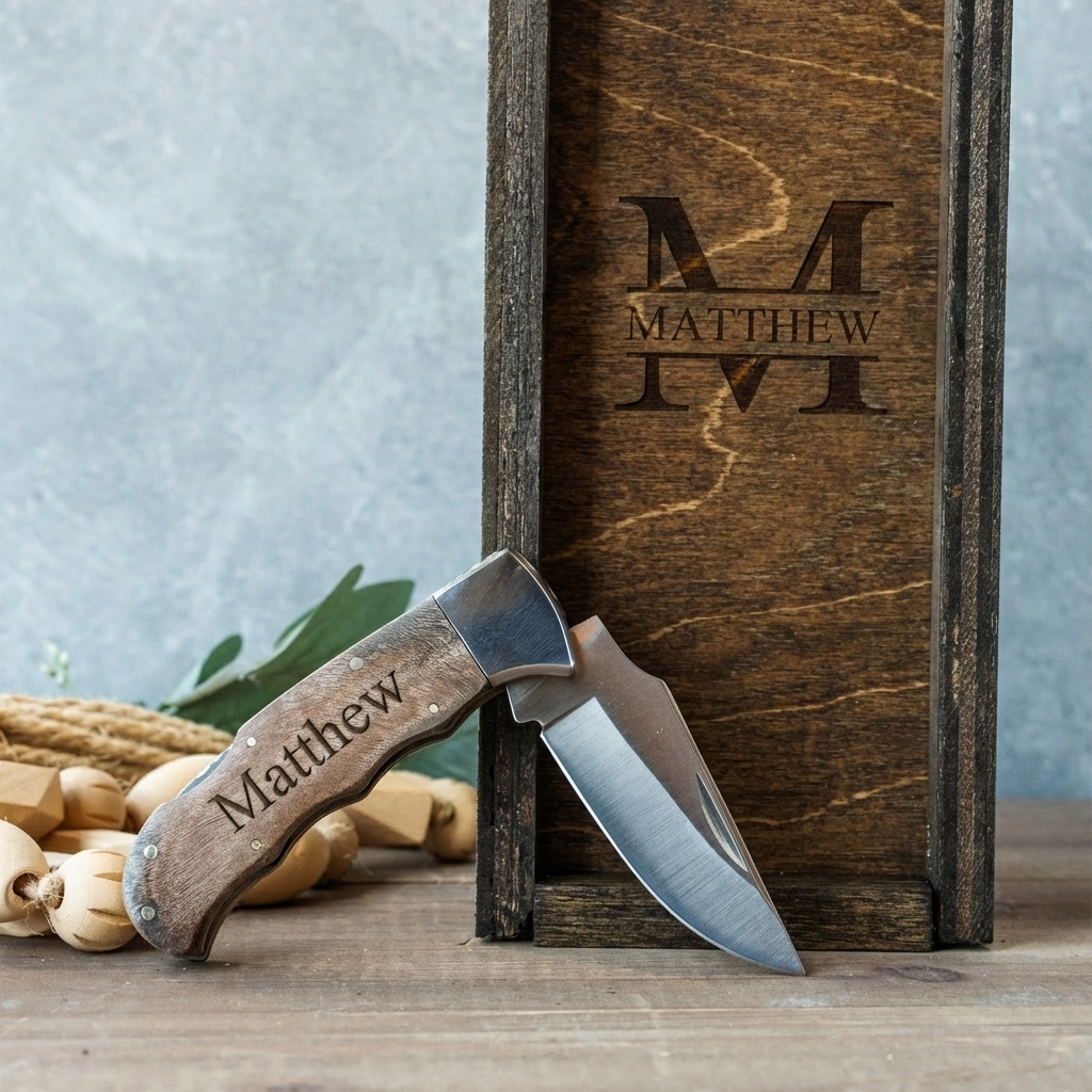 Personalized Burl Wood Handle Knife with Gift Box