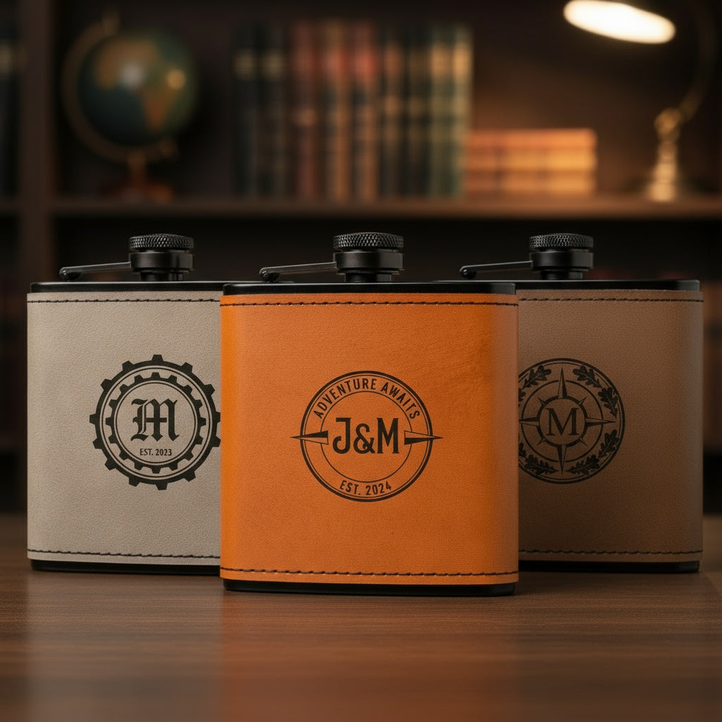 Leather Wrapped Black Flasks with Custom Logo