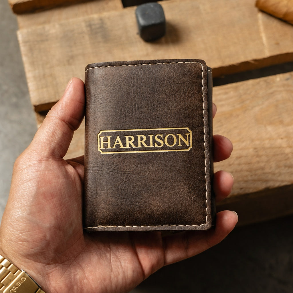 Personalized Trifold Wallet - Black & Rustic